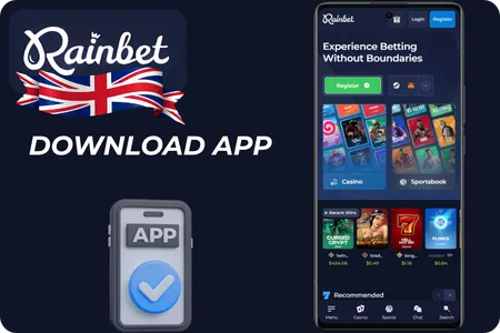 Rainbet logo with App Store icon and mobile app screenshots highlighting casino and sportsbook sections.