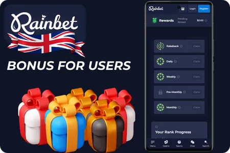 Rainbet user bonuses: gift boxes and rewards screen with rakeback, daily, weekly, and monthly claims.