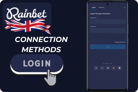 Rainbet login methods: app login screen with social media and email options
