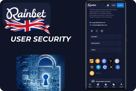 Rainbet user security: padlock icon and app footer showing supported cryptocurrencies and responsible gaming